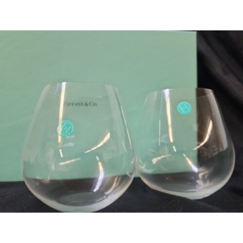 PAIR OF TIFFANY & CO STEMLESS WINE GLASSES BARWARE CLEAR UNUSED IN ORIGINAL BOX