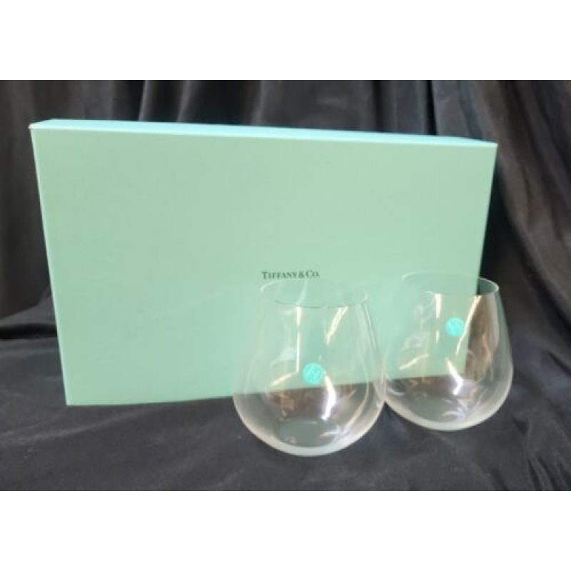 PAIR OF TIFFANY & CO STEMLESS WINE GLASSES BARWARE CLEAR UNUSED IN ORIGINAL BOX